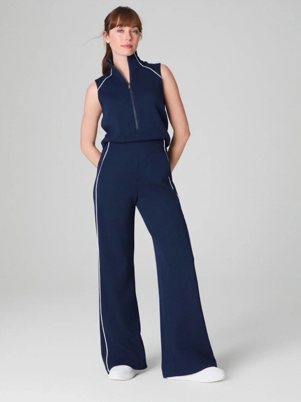 Spanx AirEssentials Pique Wide Leg Jumpsuit Small Navy Sleeveless Mockneck
